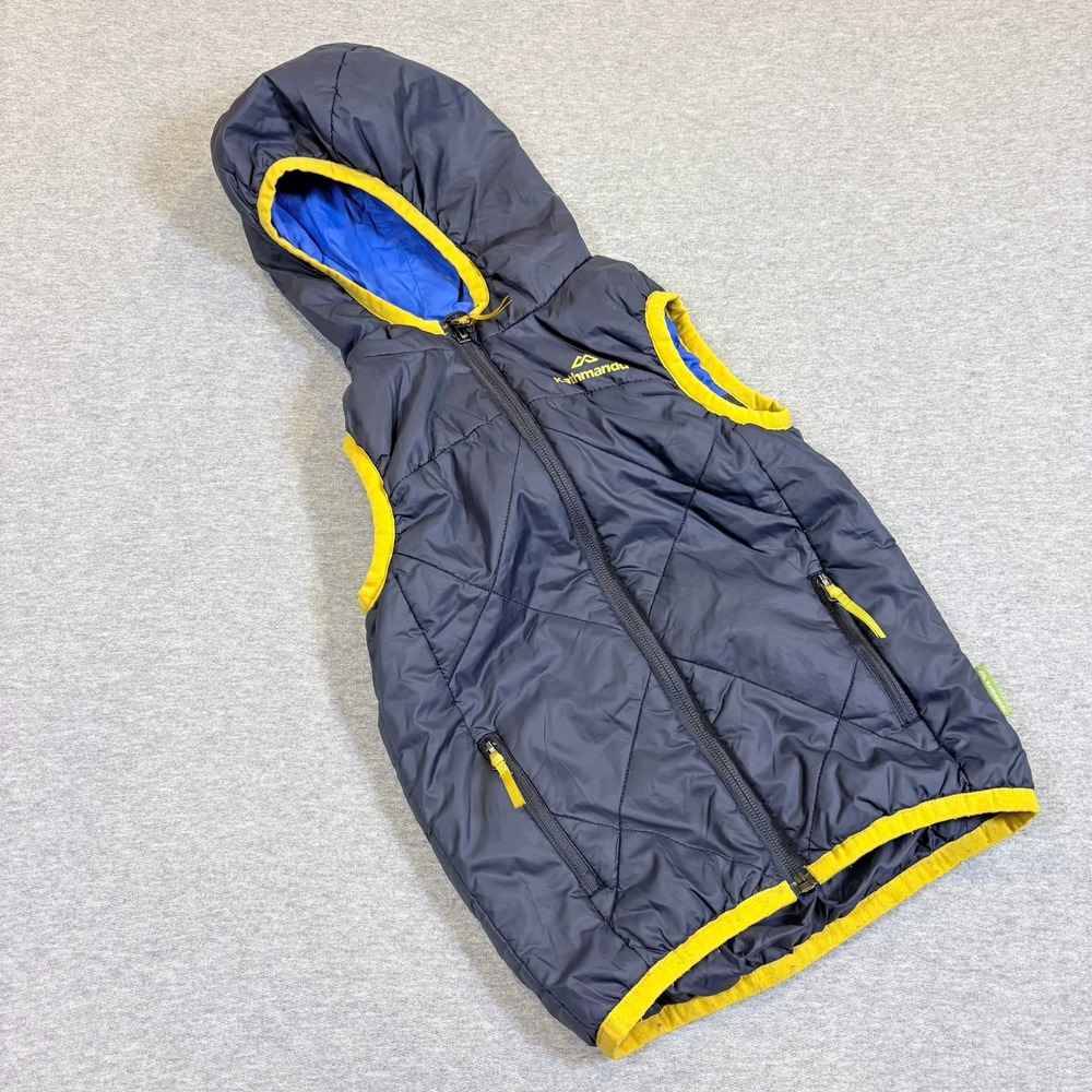 Kathmandu Puffer Vest Kids 6 Navy Blue Reversible Hooded Quilted Insulated